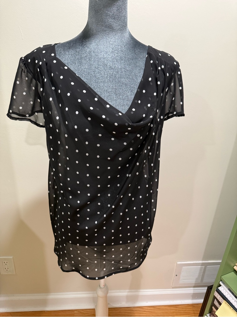 Worthington Black and White Polka Dot Cowl Neck Blouse